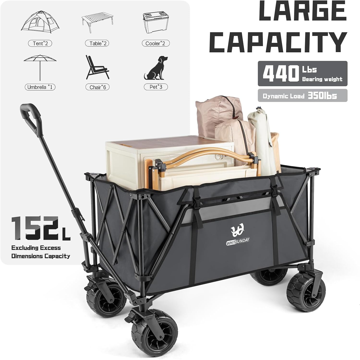 Whitsunday Heavy Duty Collapsible Wagon Cart,440Lbs Folding Outdoor All Terrian Wheel Utility Camping Park Wagon Cart with Table Grey