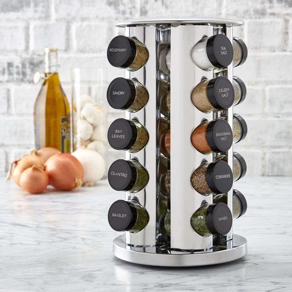 Kamenstein Revolving Countertop Spice Rack with Spices Included, FREE Spice Refills for 5 Years, Polished Stainless Steel with Black Caps, 30020, 20 Jar (Pack of 3)