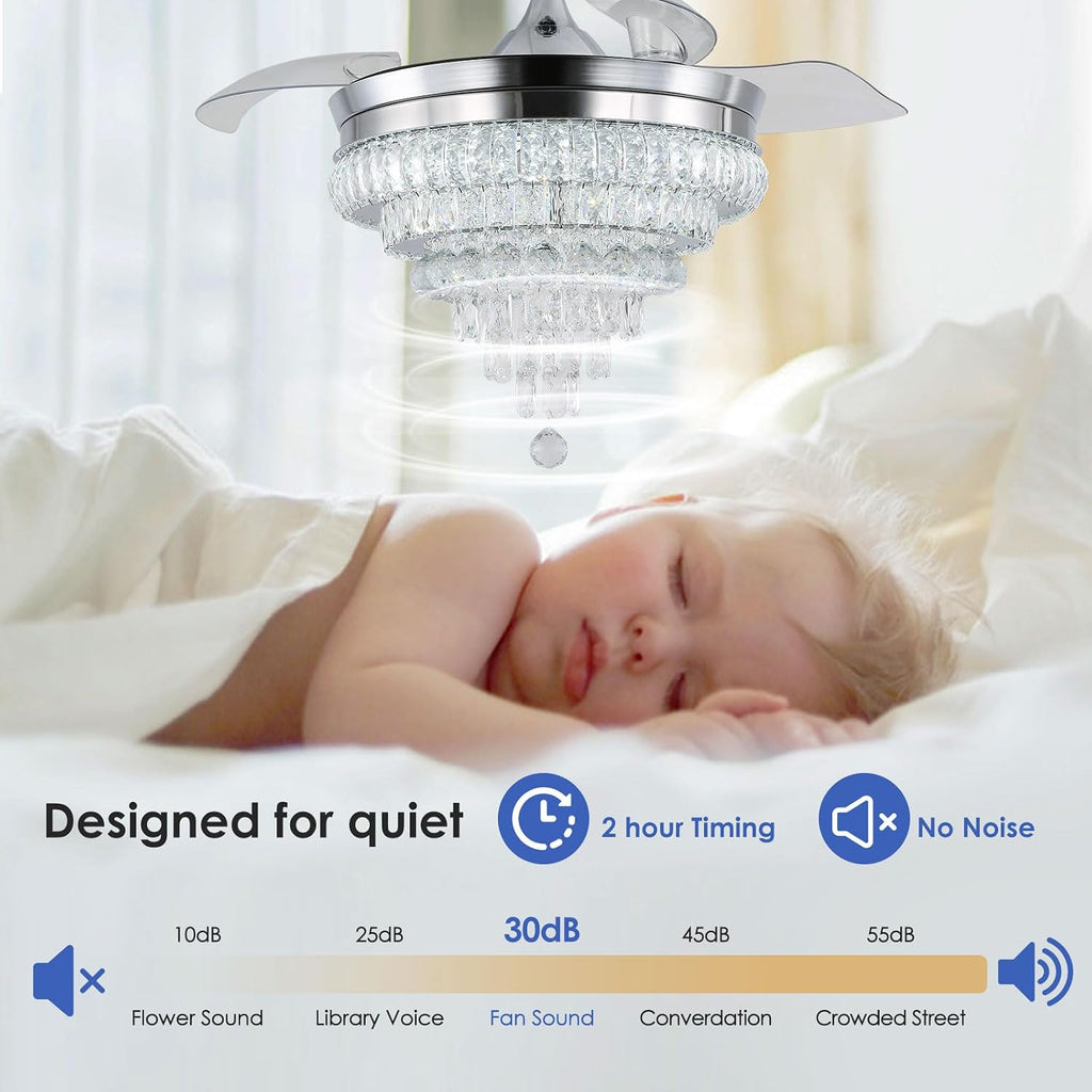 CLAIRDAI 42'' Crystal Ceiling Fan with Light, Dimmable LED Fandelier, Retractable Blades, Remote, 6-Speed Reversible, Flush Mount for Bedroom Living Room Dining Room
