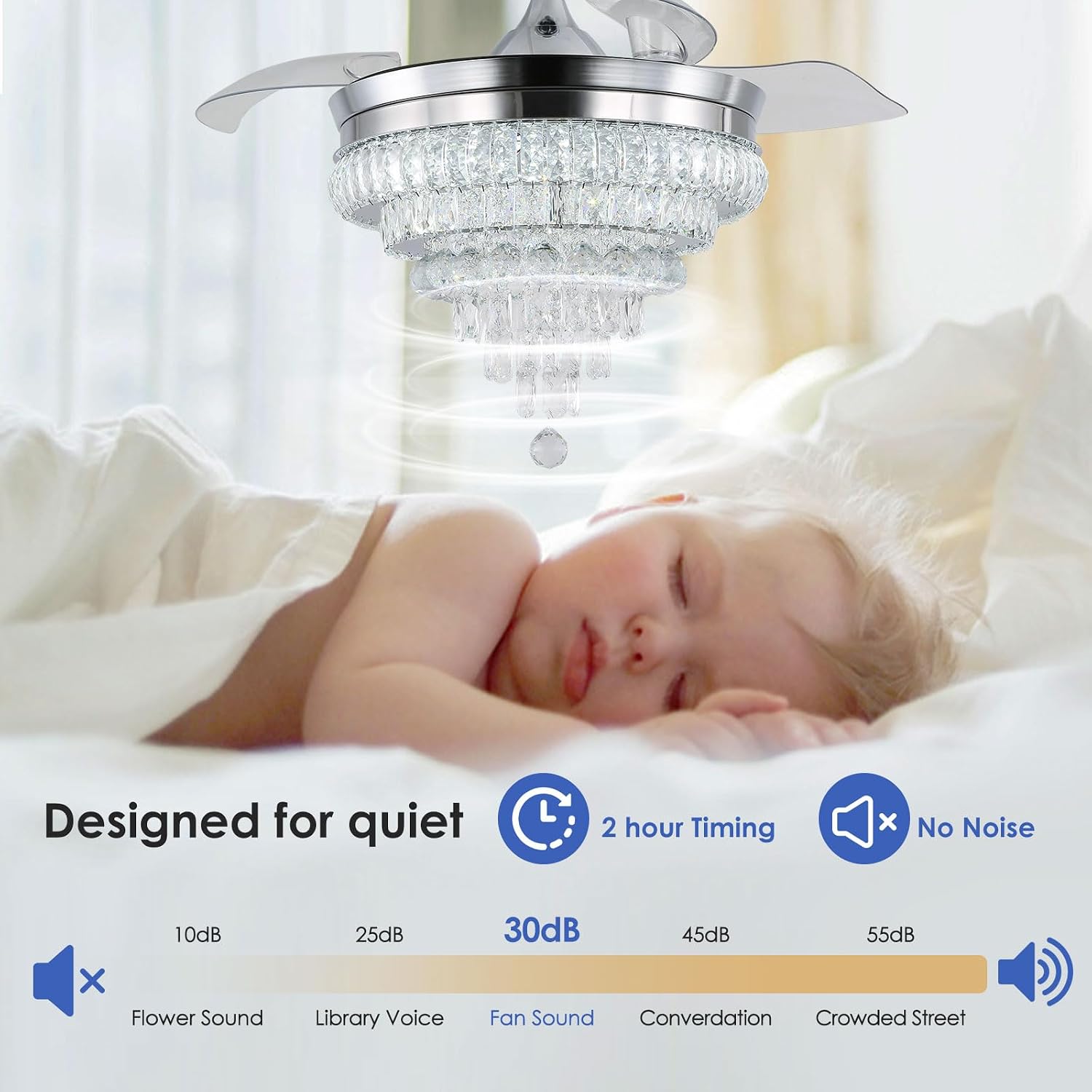 CLAIRDAI 42'' Crystal Ceiling Fan with Light, Dimmable LED Fandelier, Retractable Blades, Remote, 6-Speed Reversible, Flush Mount for Bedroom Living Room Dining Room
