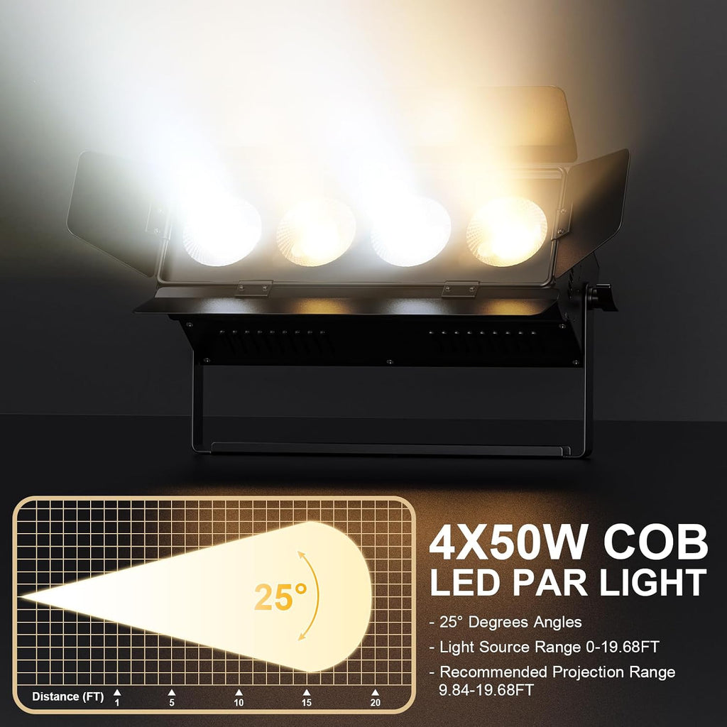 Stage Lights with Barn Doors, 4x50W LED Par Can Lights DMX512 Sound Activated, Cool White and Warm White COB Spotlights Uplights for Events Wedding Parties Concert Church Theater Stage