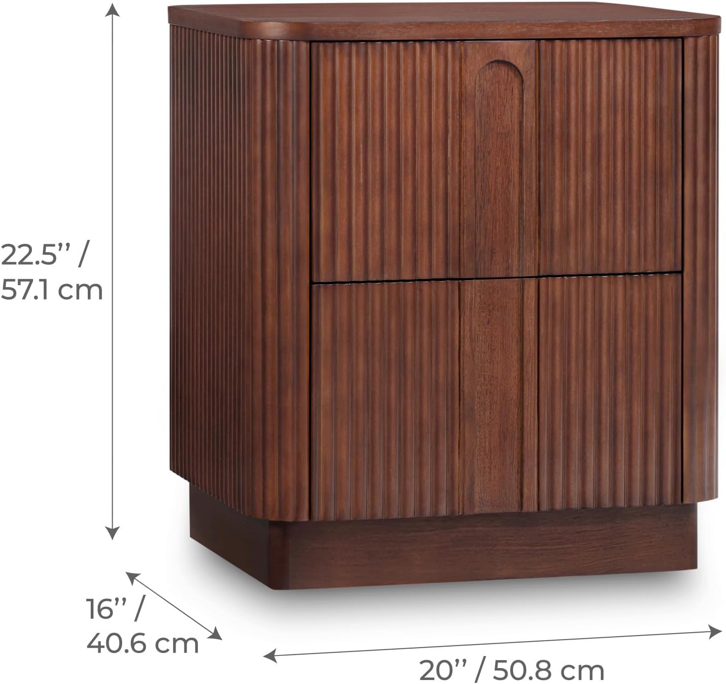 Teamson Home 20'' W Modern Storage 2-Drawer Push to Open Nightstand with Solid Wood Frame, Bedside Table Bedroom Furniture with Reeding Pattern in Scandinavian Style, Walnut