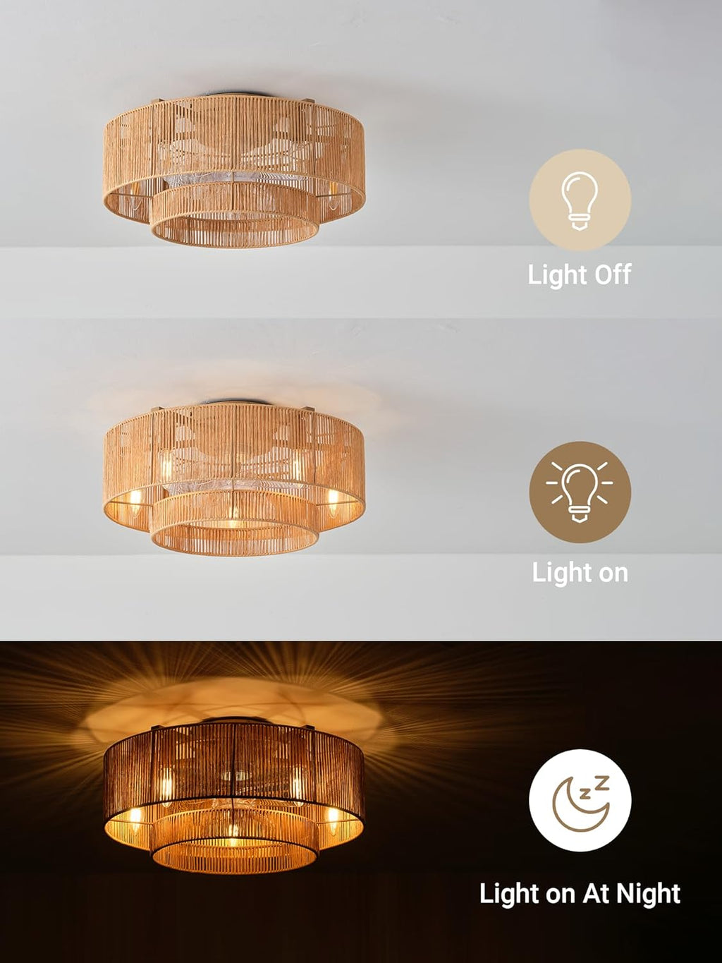 Boho Caged Ceiling Fan with Light, 20' Rattan Flush Mount Ceiling Fans with Lights Remote Contro, Bladeless Enclosed Fandelier Fan Safe for Bedroom, Living room, Nursery