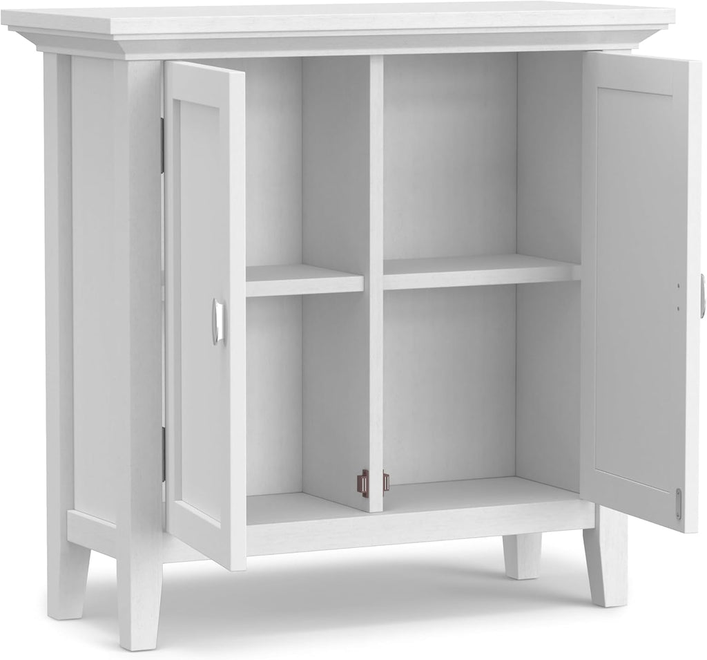 SIMPLIHOME Redmond Storage Cabinet - 32 inch Wide Solid Wood 2-Shelf Low Storage Cabinet in White, Transitional Accent Cabinet for Entryway with Adjustable Shelves and Tapered Legs