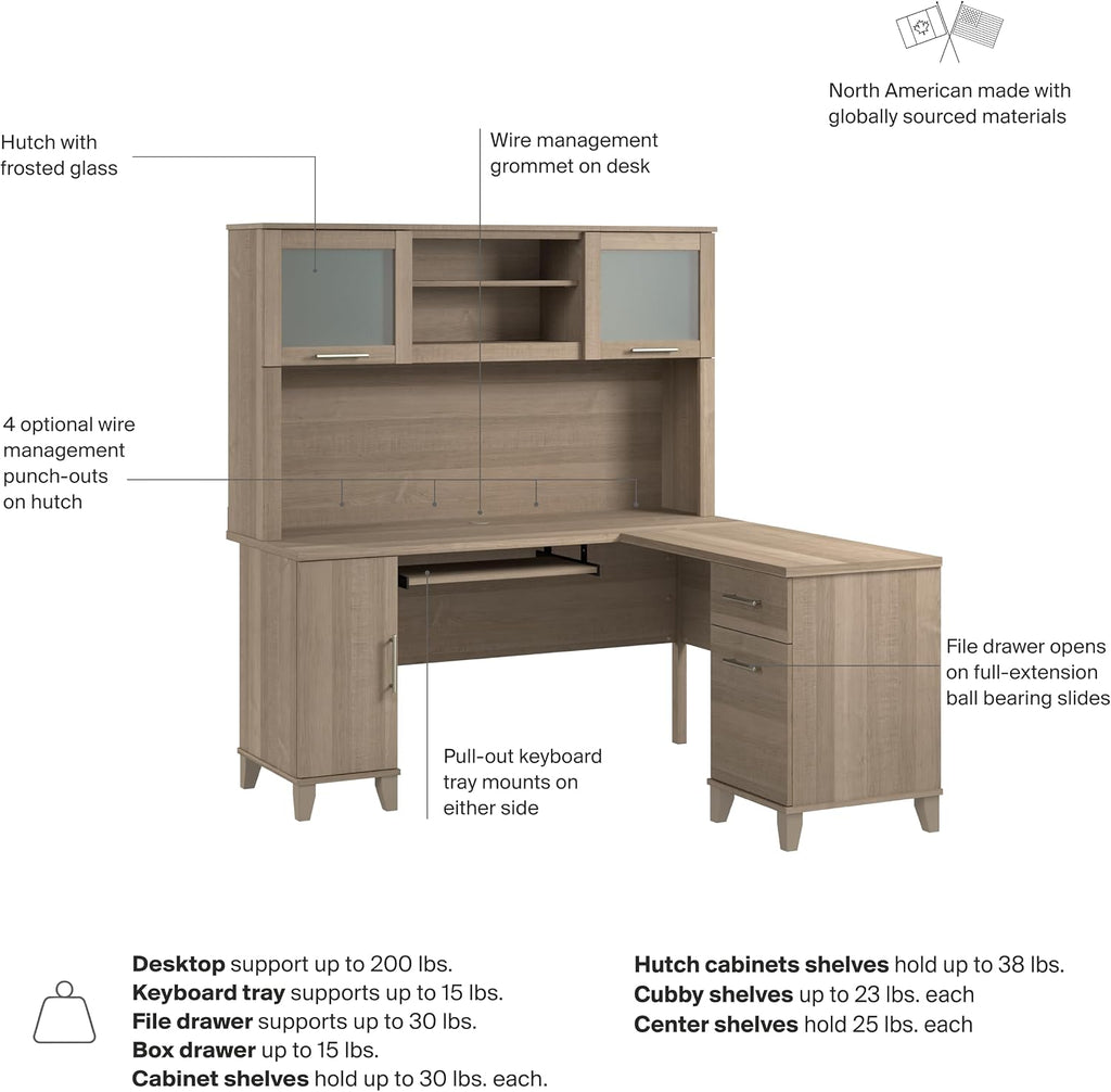 Bush Home 60-Inch L-Shaped Desk with Hutch, Corner Computer Office Desk with File and Box Drawers, Shelves and Storage Cabinet, Home Office Workstation, Somerset Collection, Ash Gray