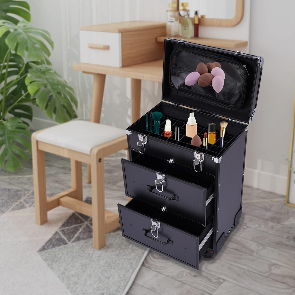 Professional Rolling Makeup Case Train Case Portable Cosmetic Organizer Trolley Lockable Rolling Make-ups Case Storage Cart Makeup Train Case Cosmetology Case On Wheels (Black|3 trays|Type B)