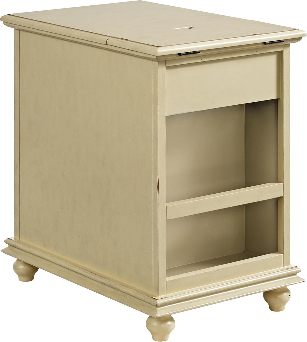 Martin Svensson Home Elegant Chairside End Table with Power — 24″W x 16″D x 25″H, Antique Cream White — Transitional Painted Accent Table with Flip-Top USB Charging, Drawer & Cabinet Storage