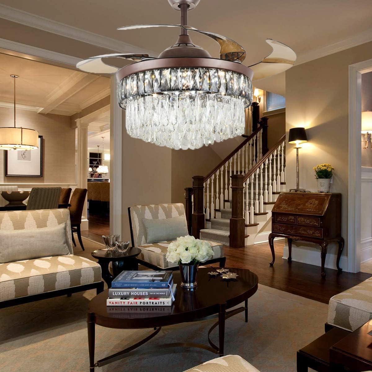 42' Crystal Fandelier Ceiling Fan, Brown Crystal Chandelier Fan, Ceiling Fans with Retractable Blades Lights and Remote with 3 Colors 3 Speeds for Dinning Room Bedroom