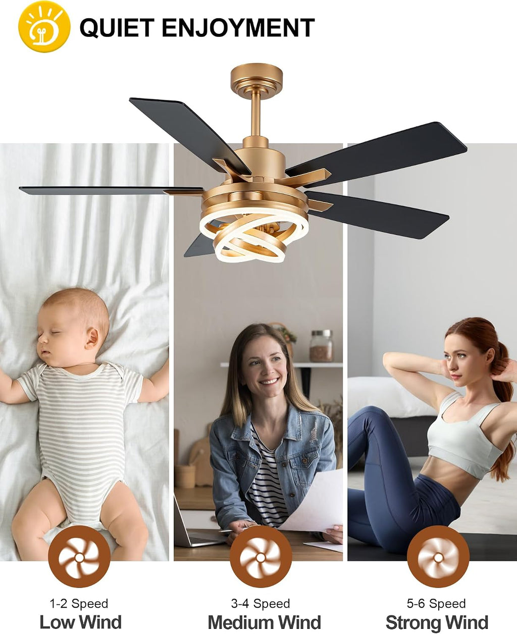 Dawn Whisper 52' Gold Ceilling Fans with Lights Modern Chandelier Fan Fandelier Ceiling Fan with Light for Bedroom, Living Room DC Motor Reversible Dimmable LED