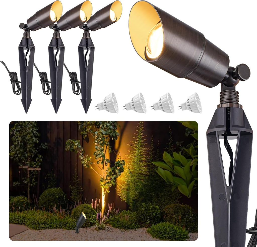 Solid Brass Outdoor Landscape Spotlight 12V Wired Low Voltage Spot Lights with 5W MR16 LED Bulb Warm White, Waterproof IP67 Outdoor Spot Lights for Yard & Garden 12V Landscape Lights 4-Pack