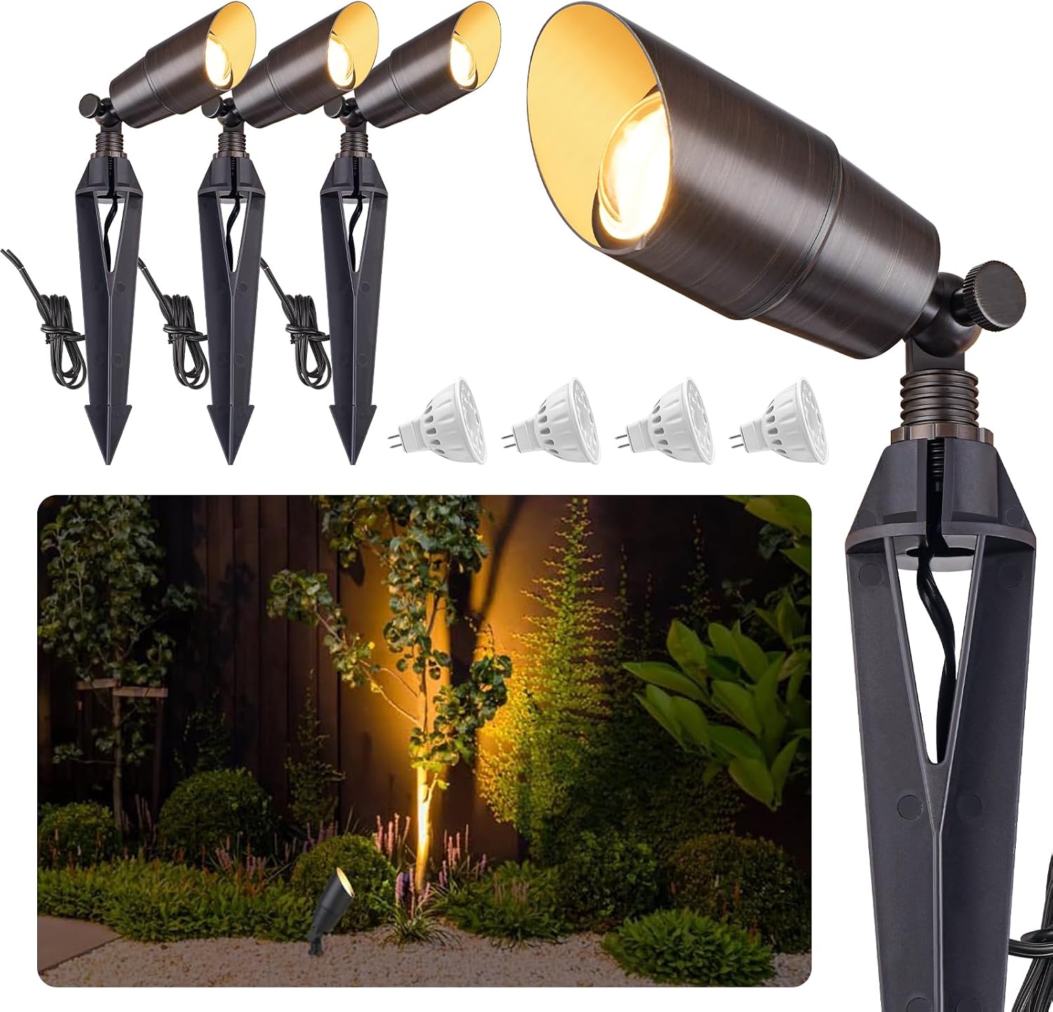 Solid Brass Outdoor Landscape Spotlight 12V Wired Low Voltage Spot Lights with 5W MR16 LED Bulb Warm White, Waterproof IP67 Outdoor Spot Lights for Yard & Garden 12V Landscape Lights 4-Pack