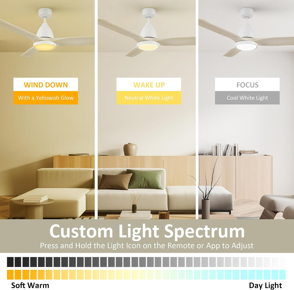 SMAAIR 52 inch Ceiling Fans with Lights and Remote, Solid Wood 6-inch Downrod Mounted, Dimmable LED Light Tri-Color Temperature, DC Reversible Motor, App Control and Voice Control (52inch, White)