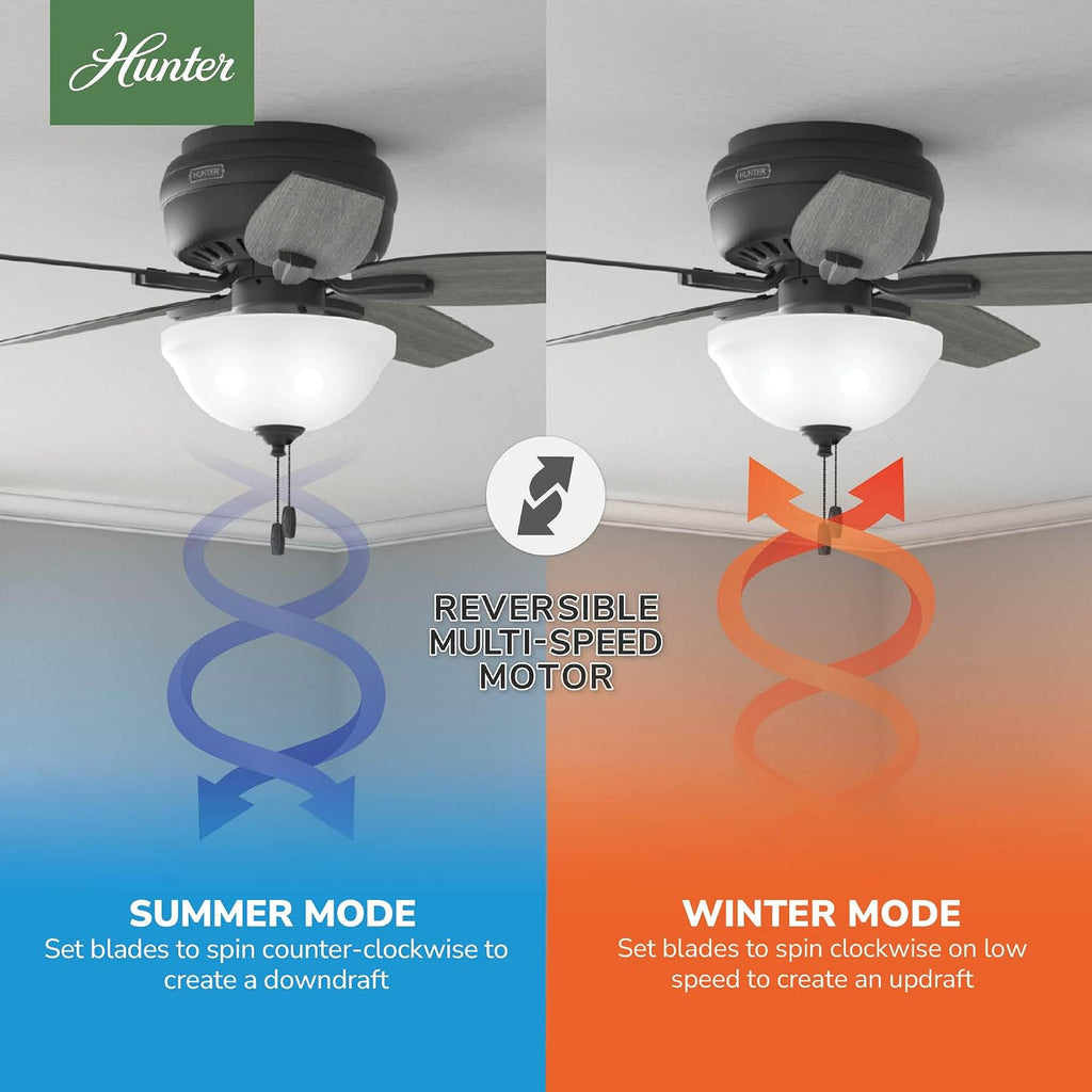 Hunter 42 inch Indoor Ceiling Fan with LED Light - Black Ceiling Fan with Pull Chain, For Bedroom or Living Room, Low Profile Flush Mount, No Remote, 5 Blades - Newsome 52394, Matte Black