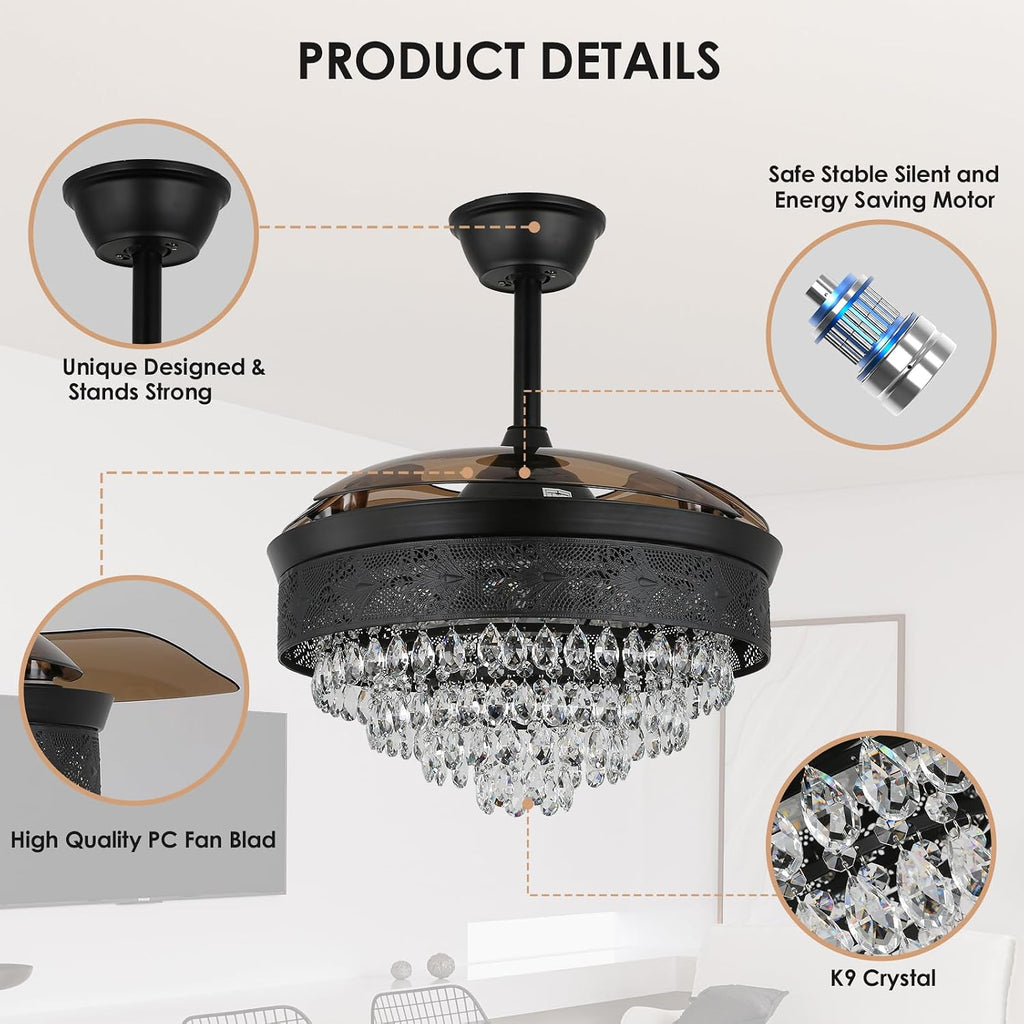 42' Black Crystal Fandelier Dimmable LED Ceiling Fan with Lights Retractable Blades 3 Color with Memory Quiet Reversible 6 Speeds Timer for Bedroom Living Room Dining Room