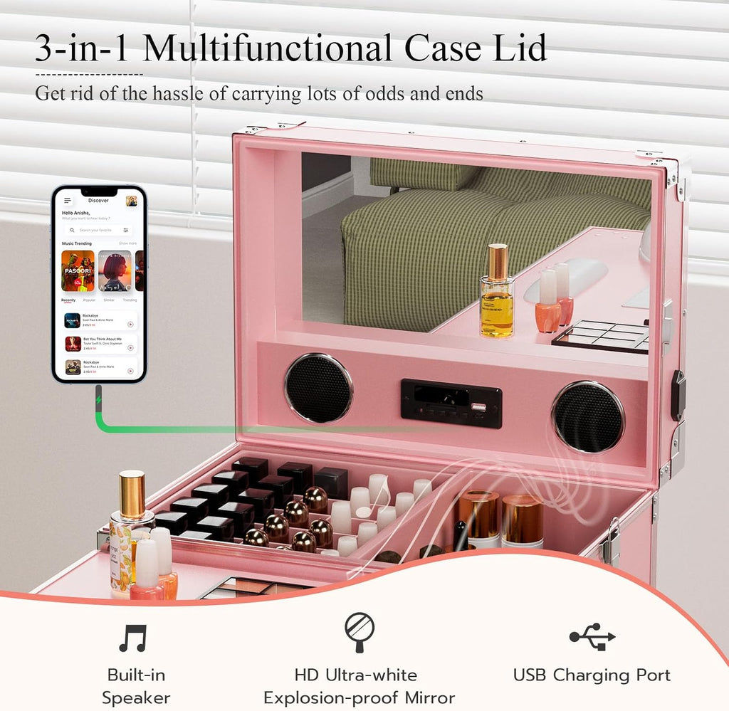 Icoget Portable Rolling Manicure Table for Nail Teach, Foldable Traveling Nail Desk w/Storage, Mobile Manicure Table w/Audio and Mirror, Makeup Train Case Cosmetic Trolley, Pink