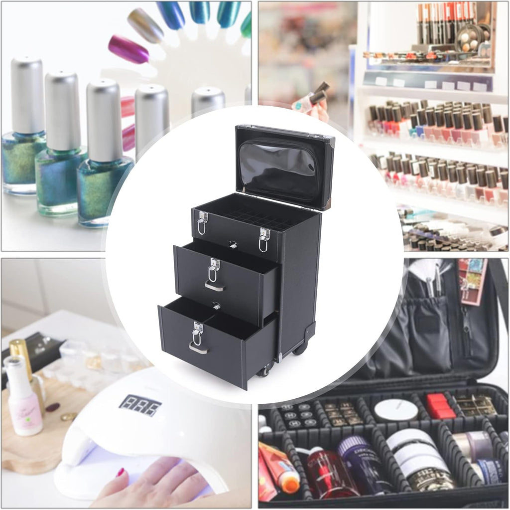 Professional Rolling Makeup Case Train Case Cosmetic Organizer Trolley Lockable Rolling Make-ups Case Storage Cart Makeup Train Case Cosmetology Case On Wheels (Black|3 trays|Type C)