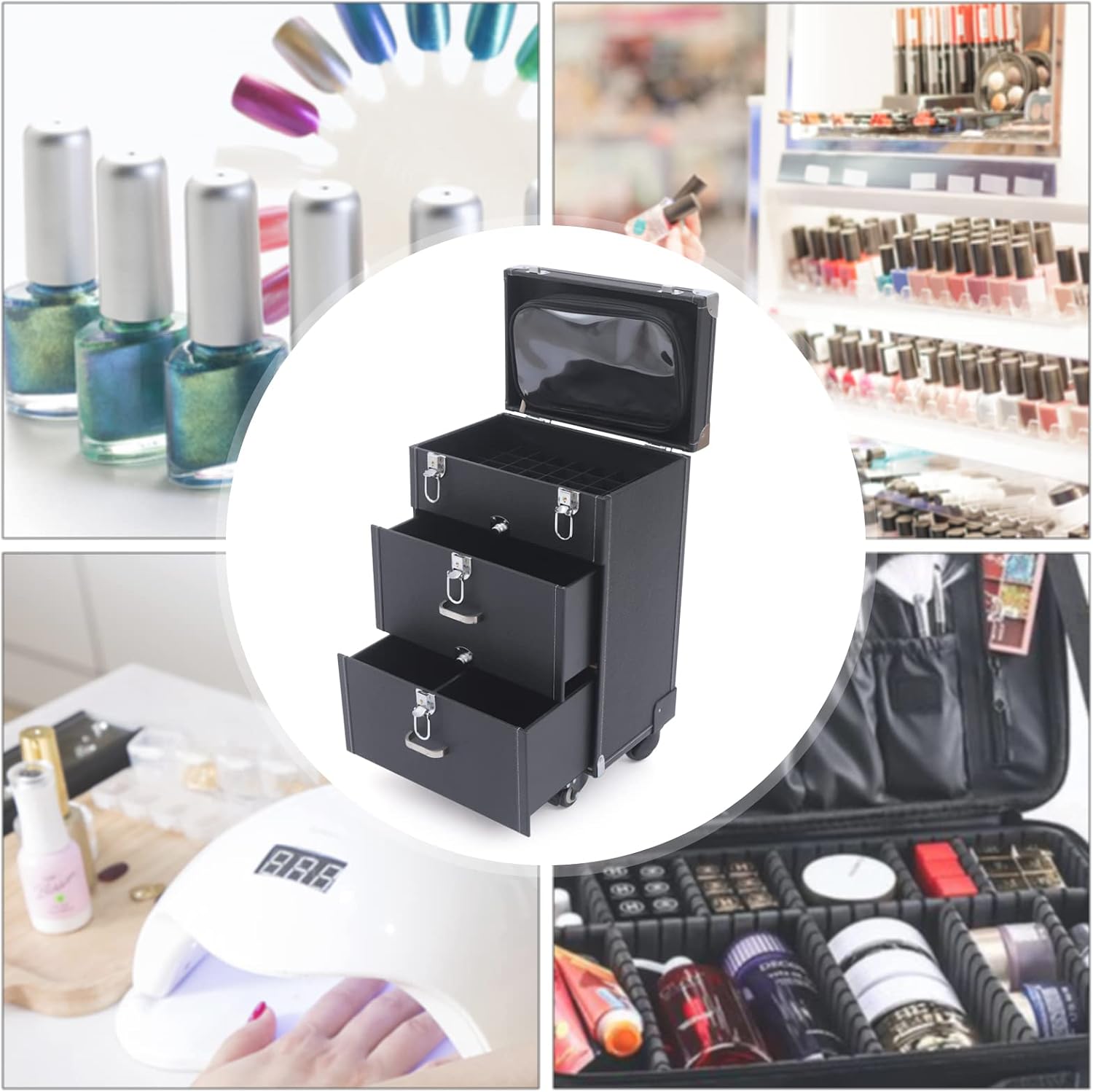 Professional Rolling Makeup Case Train Case Cosmetic Organizer Trolley Lockable Rolling Make-ups Case Storage Cart Makeup Train Case Cosmetology Case On Wheels (Black|3 trays|Type C)