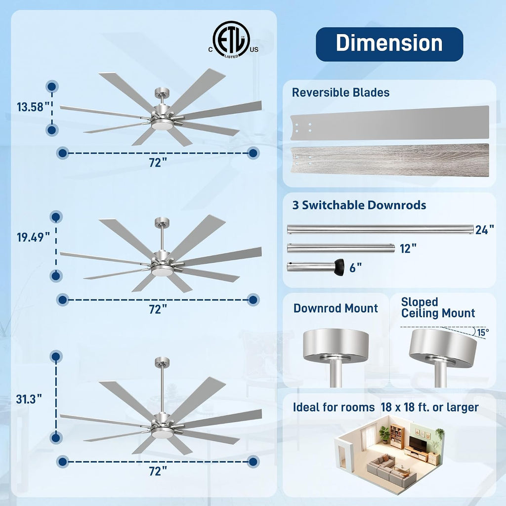 72 Inch Ceiling Fans with Lights and Remote Control, Low Profile & Downrod Mount 8-Blade Modern Nickel Ceiling Fan, 3CCT Dimmable LED Light, Quiet DC Motor for Bedroom Living Room, ETL Listed