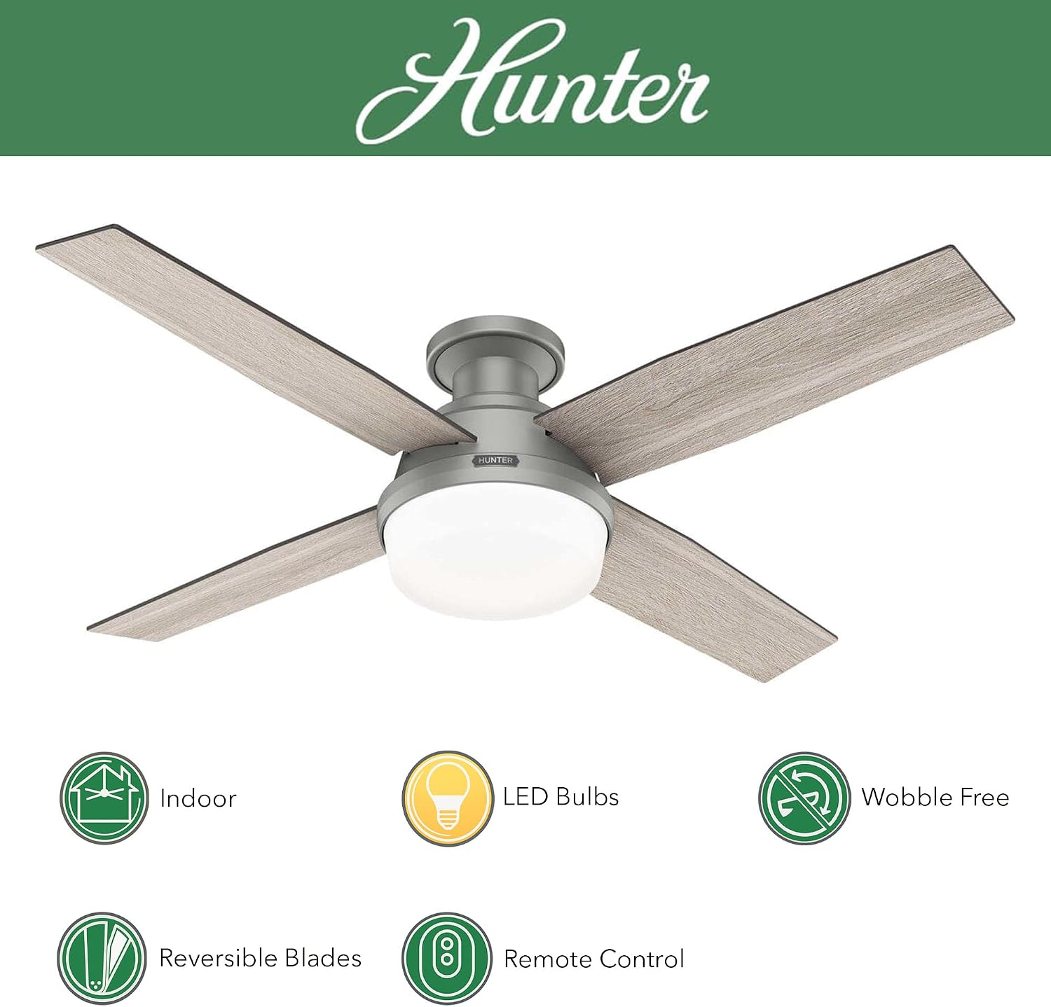 Hunter Fan 52 inch Low Profile Matte Silver Indoor Ceiling Fan with LED Light and Remote Control, Holiday Gift for Bedroom, Living Room, Dining Room, Kitchen, Office (Renewed)
