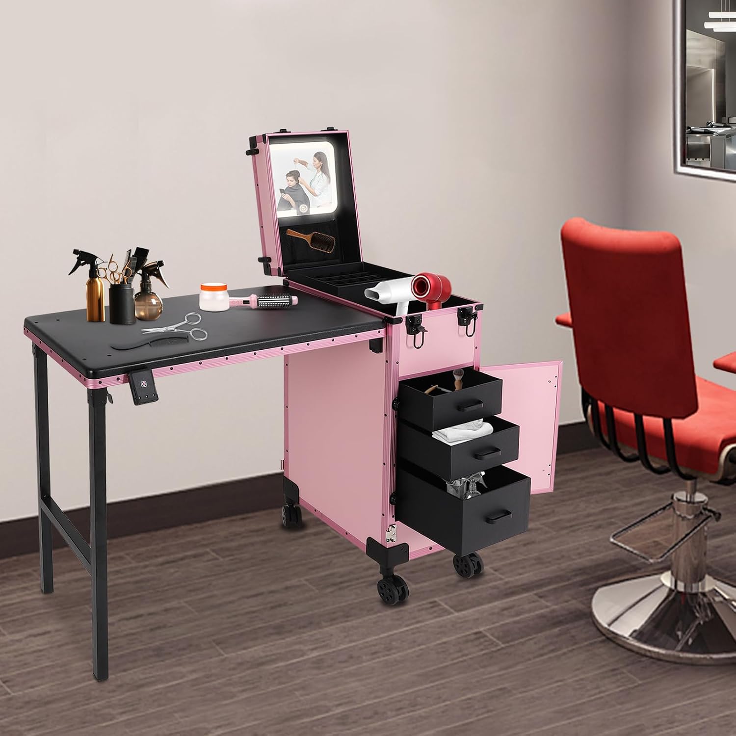 Professional Rolling Makeup Case, Foldable Nail Tables with Detachable Lighted Mirror, Travel Cosmetic Trolley Storage Organizer with Drawers & Lock, Manicure for Artist (Pink)