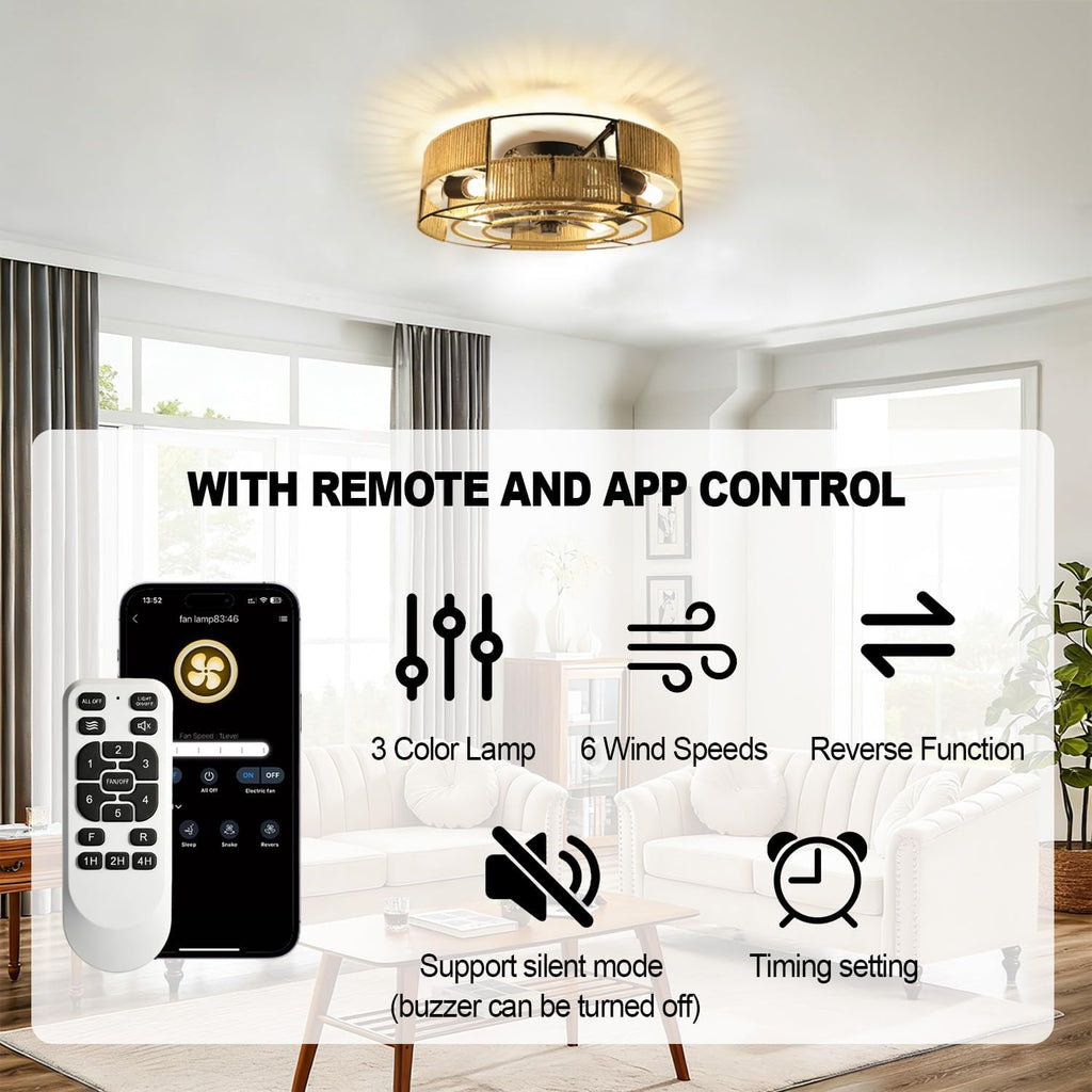 Ceiling Fans with Lights Flush Mount, 20 Inch Caged Low Profile Ceiling Fans with 3 Mode Lighting and Remote Control with E26 Bulbs for Bedroom, Nursery, Garage (Dark Yellow)