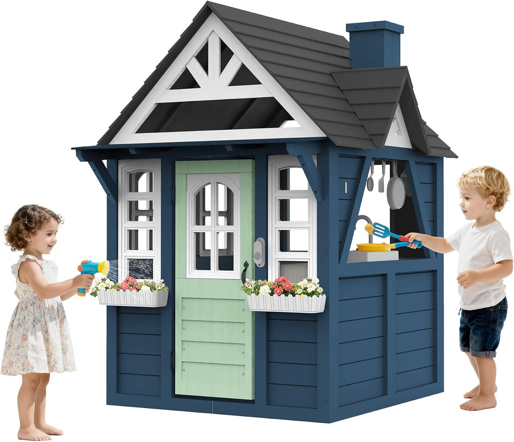 Kids Playhouse Outdoor,Cedar Gray Wooden Play House for Kids Ages 3-8,Interactive Doorbell, Kitchen Counter with Utensils, Sink, Window Boxes for Flowers (Blue)