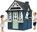 Kids Playhouse Outdoor,Cedar Gray Wooden Play House for Kids Ages 3-8,Interactive Doorbell, Kitchen Counter with Utensils, Sink, Window Boxes for Flowers (Blue)