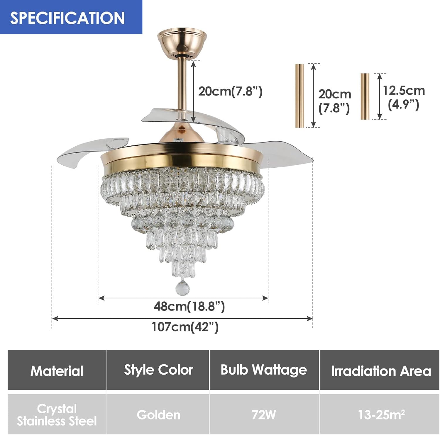 42'' Gold Crystal Fandelier Ceiling Fan with Lights, Dimmable LED Chandelier Fan, Retractable Blades, Remote & APP Control, 6-Speed Reversible, Flush Mount for Bedroom Living Room Dining Room