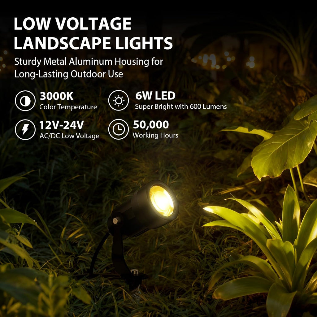 All-in-One Low Voltage Landscape Lighting Kit, 6W 3000K Outdoor LED Landscape Spotlights with 65W Transformer, 100FT 16/2 Wire & Connectors, Perfect for Yard, Garden, Deck, 12V-24V AC/DC, 12Pack