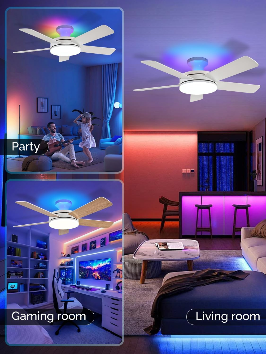 Orison Ceiling Fans with Lights, 45 Inch Low Profile Ceiling Fan with Light and Remote/APP Control, RGB Backlight & LED 3CCT Dimmable, DC Reversible Motor, 6 Speeds, 5 Reversible Blades White