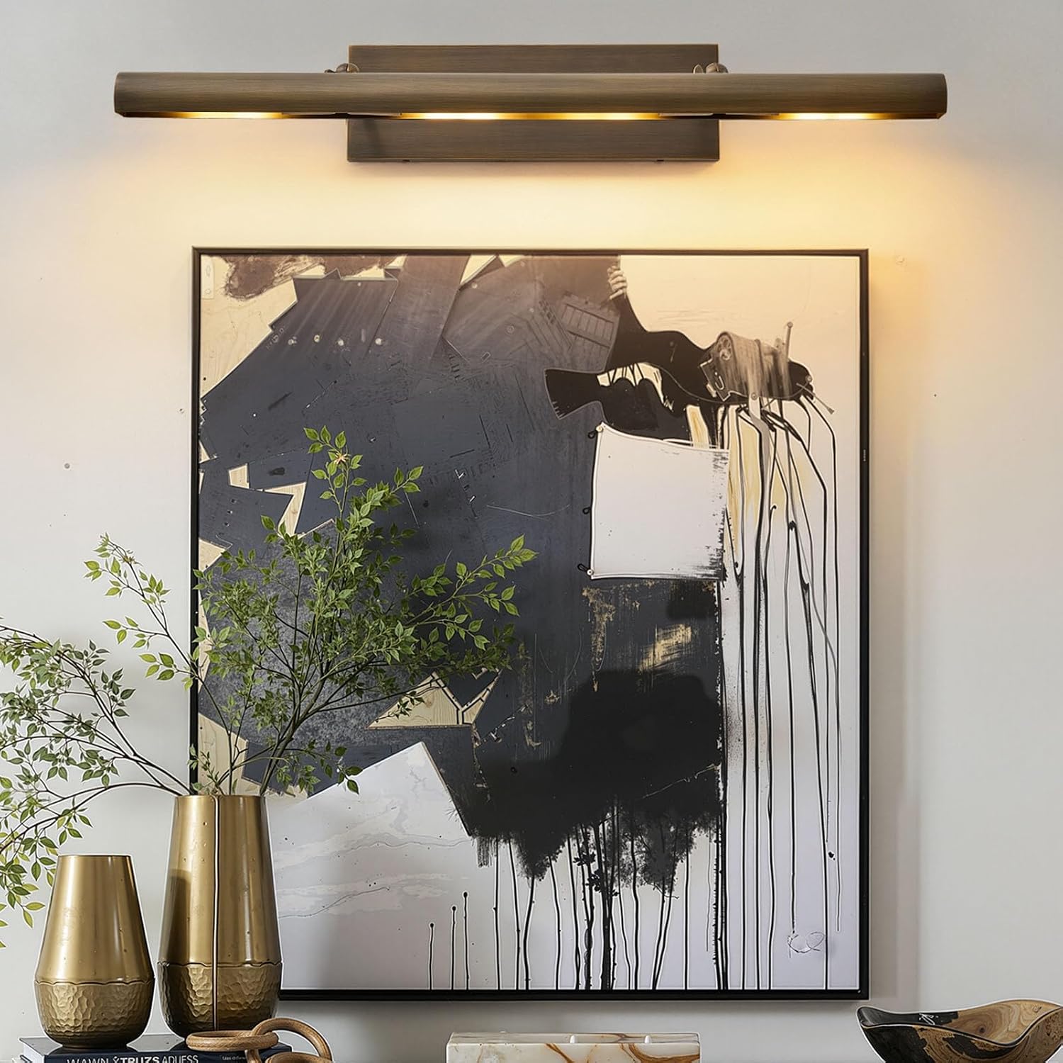 Hardwired Aged Brass Picture Light: 30' Long Rotatable Vintage Antique Gallery Artwork Display Lighting over Pictures Frame - Traditional Museum Accent Spotlight for Library Wall Photo Art Painting