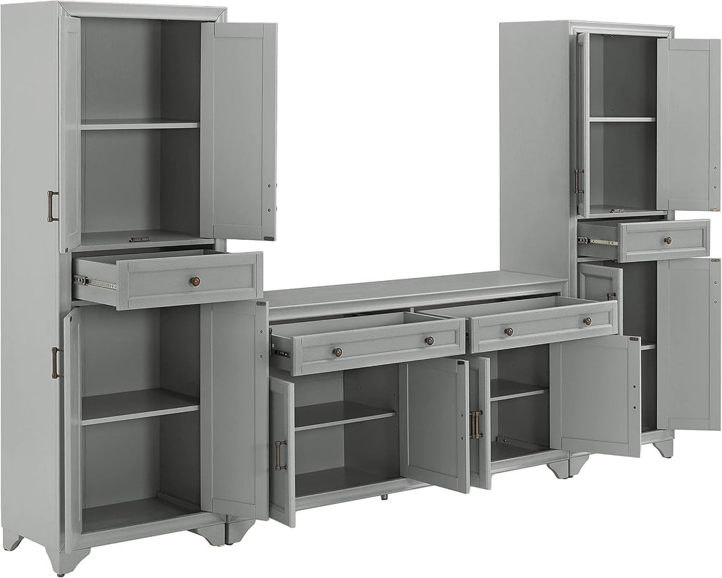 Crosley Furniture Tara 3-Piece Modern Farmhouse Sideboard Buffet Cabinet and Kitchen Storage Pantry Set, Distressed Gray