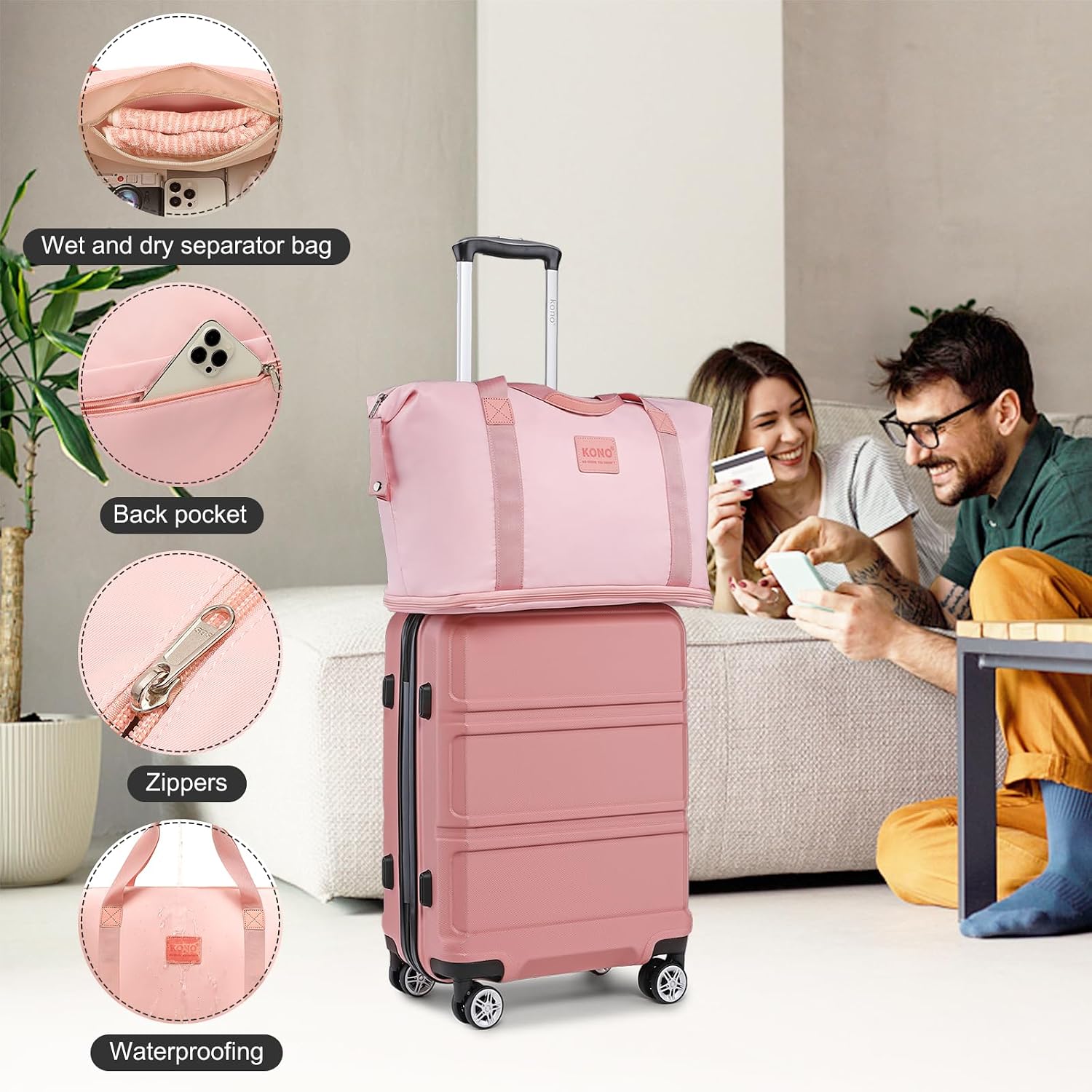 Kono Suitcase Luggage Set Expandable(only 28') Lightweight PC+ABS Carry On Hardside Luggage with TSA Lock Spinner Wheels (Nude/Rose Pink, 6 piece set)