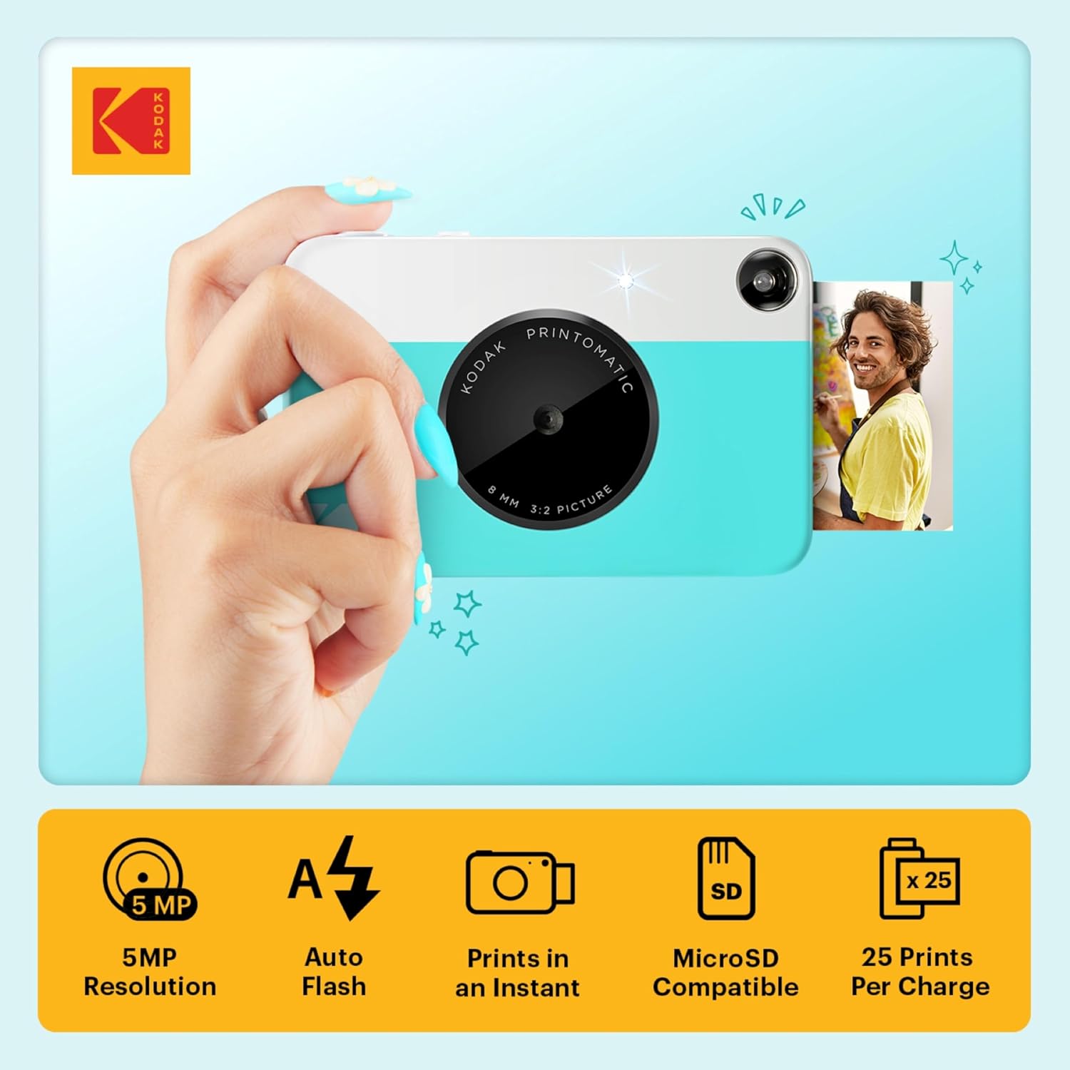 Kodak Printomatic Full-Color Instant Print Camera Gift Bundle + Soft Case + Zink 2x3 Sticky Back Photo Paper 20pk + Album + Sticker Sets + Sticker Frames + Markers + Hanging Frames, Fun Gift - Blue