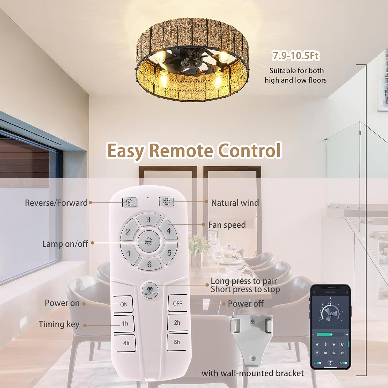 Ganeed 20' Boho Ceiling Fan with Light, Handwoven Rattan Caged Ceiling Fan with Light and Remote, Low Profile 6 Speeds Enclosed Flush Mount Fandelier for Bedroom Kids Room Nursery Living Room