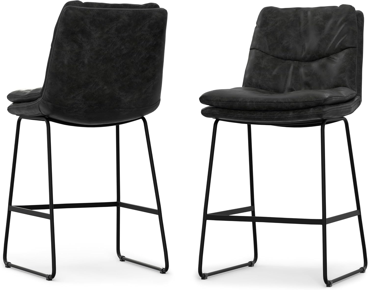 SIMPLIHOME Danika Counter Stools (Set of 2) - 24 Inch Seat Height Upholstered Metal Kitchen Seats in Distressed Charcoal Grey Vegan Faux Leather, Mid Century Seating with Tufted Design and Footrest