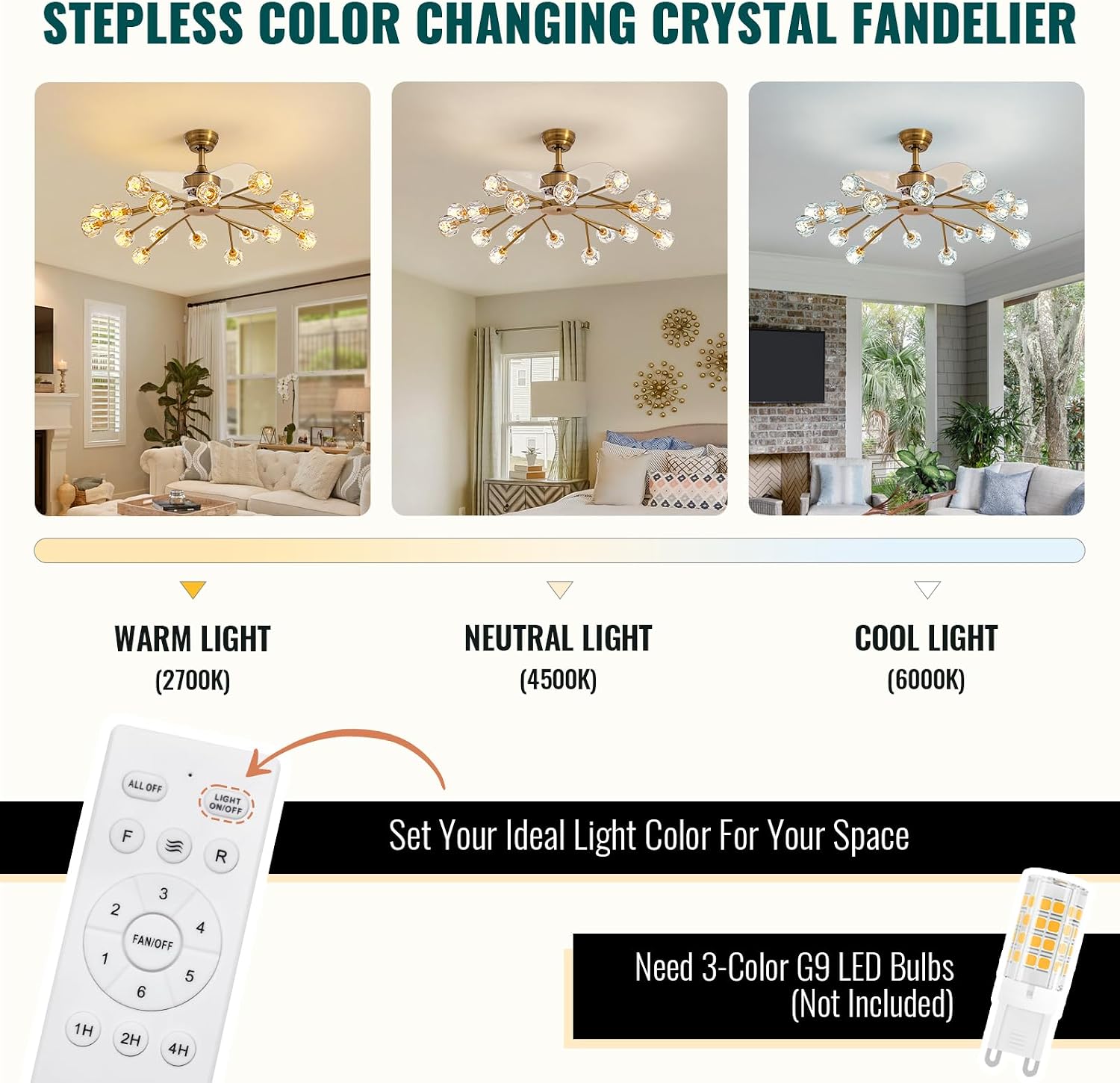 Siljoy 18 Lights Modern Crystal Ceiling Fan Light and Remote Control, Farmhouse Brass Gold Sputnik Crystal Fandelier, Reversible Ceiling Fan Light Kit for Living Dining Room Bedroom 42 Inches