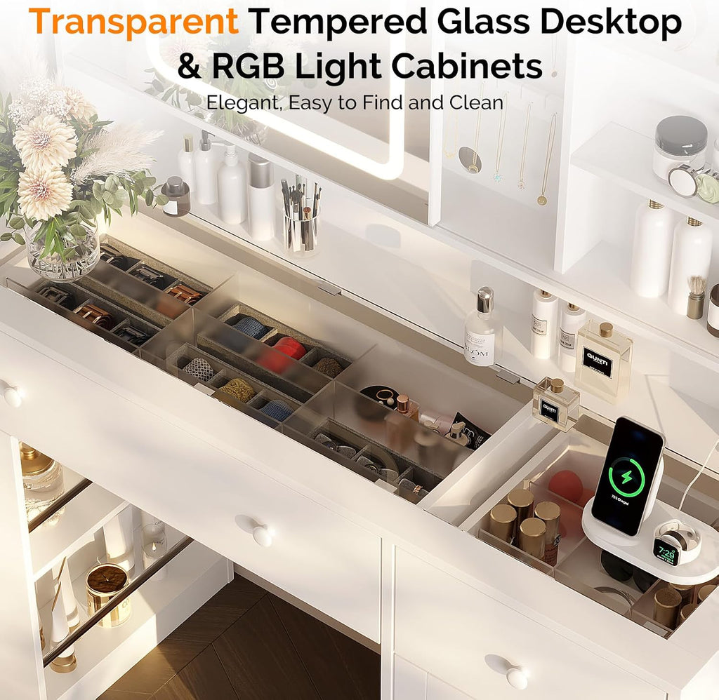 VINGLI Vanity Desk with Sliding Mirror and Lights, Glass Top Makeup Vanity Table w/Glass Cabinets w/Hidden Jewelry Storage & Power Outlets & Hairdryer Holder, 43in White Dressing Table Gifts Girls