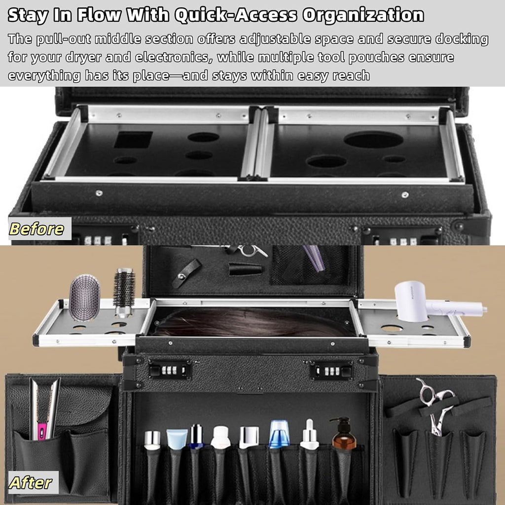 Rolling Makeup Case with Wheels and Locks, Cosmetology Case Makeup Train Case for Salon Barber, Hairdressing Rolling Case Trolley with Hair Dryer Holder and Extendable Tray