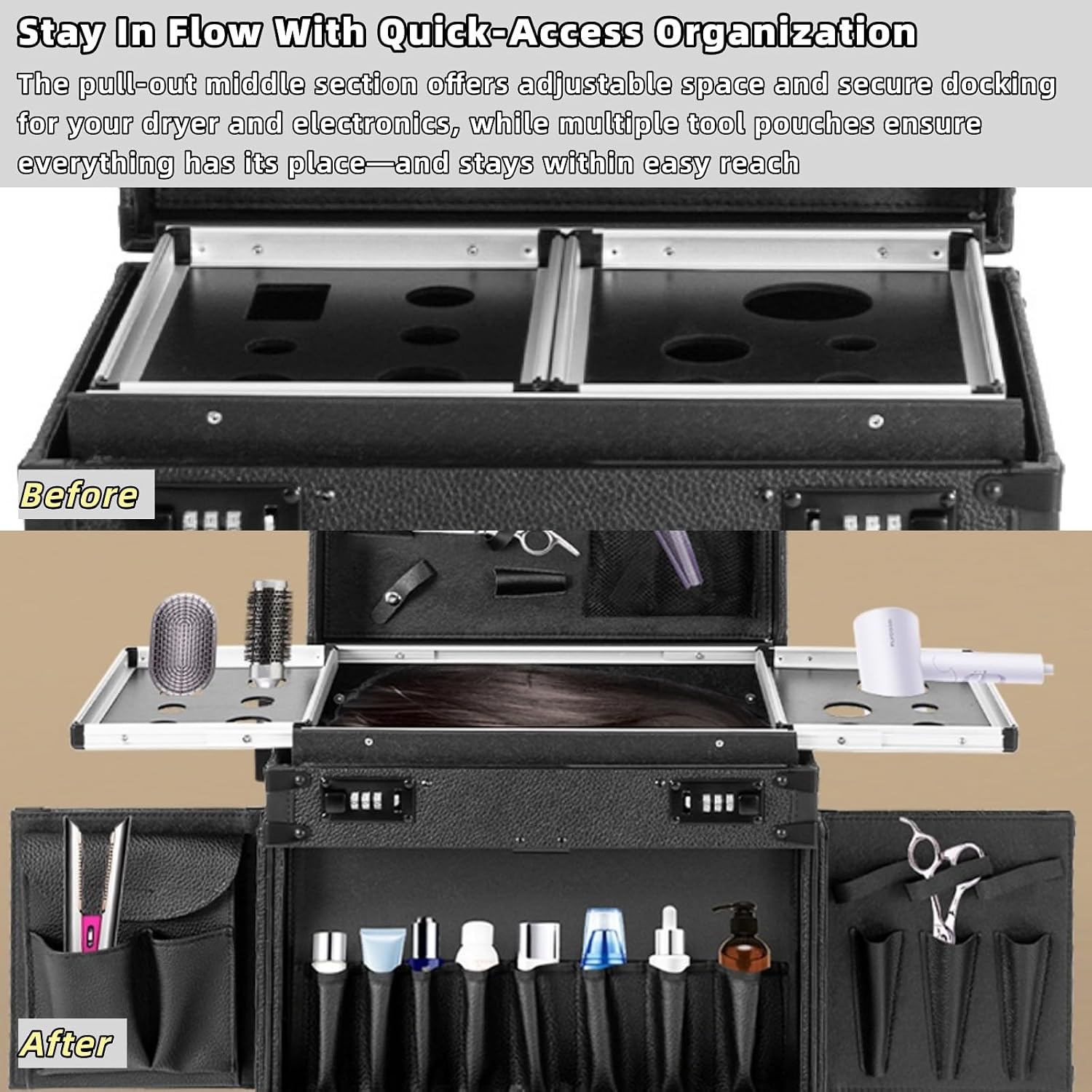 Rolling Makeup Case with Wheels and Locks, Cosmetology Case Makeup Train Case for Salon Barber, Hairdressing Rolling Case Trolley with Hair Dryer Holder and Extendable Tray
