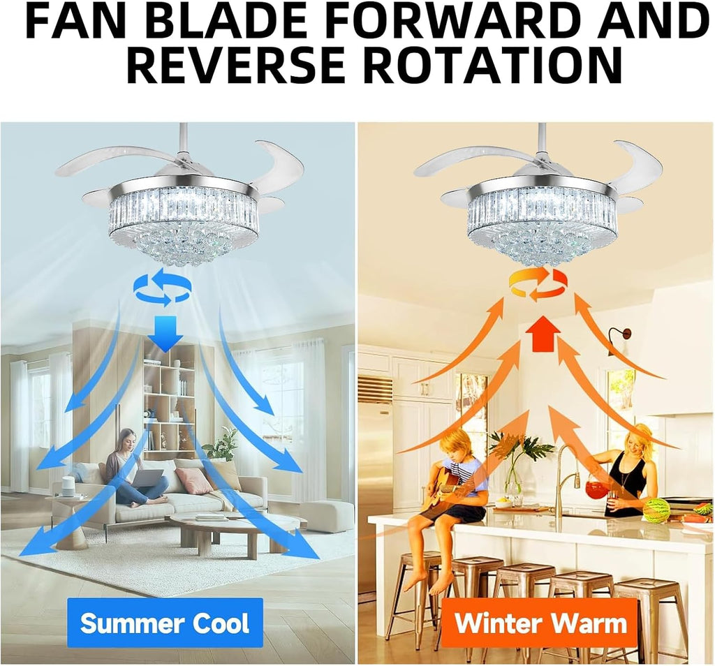 42' Smart Retractable Crystal Ceiling Fan with Light: Alexa/Google Home & Remote, Bluetooth Speaker, Dimmable RGB Light, 6-Speed Reversible Fandelier Chandelier Fan for Bedroom,Dining/Living Room