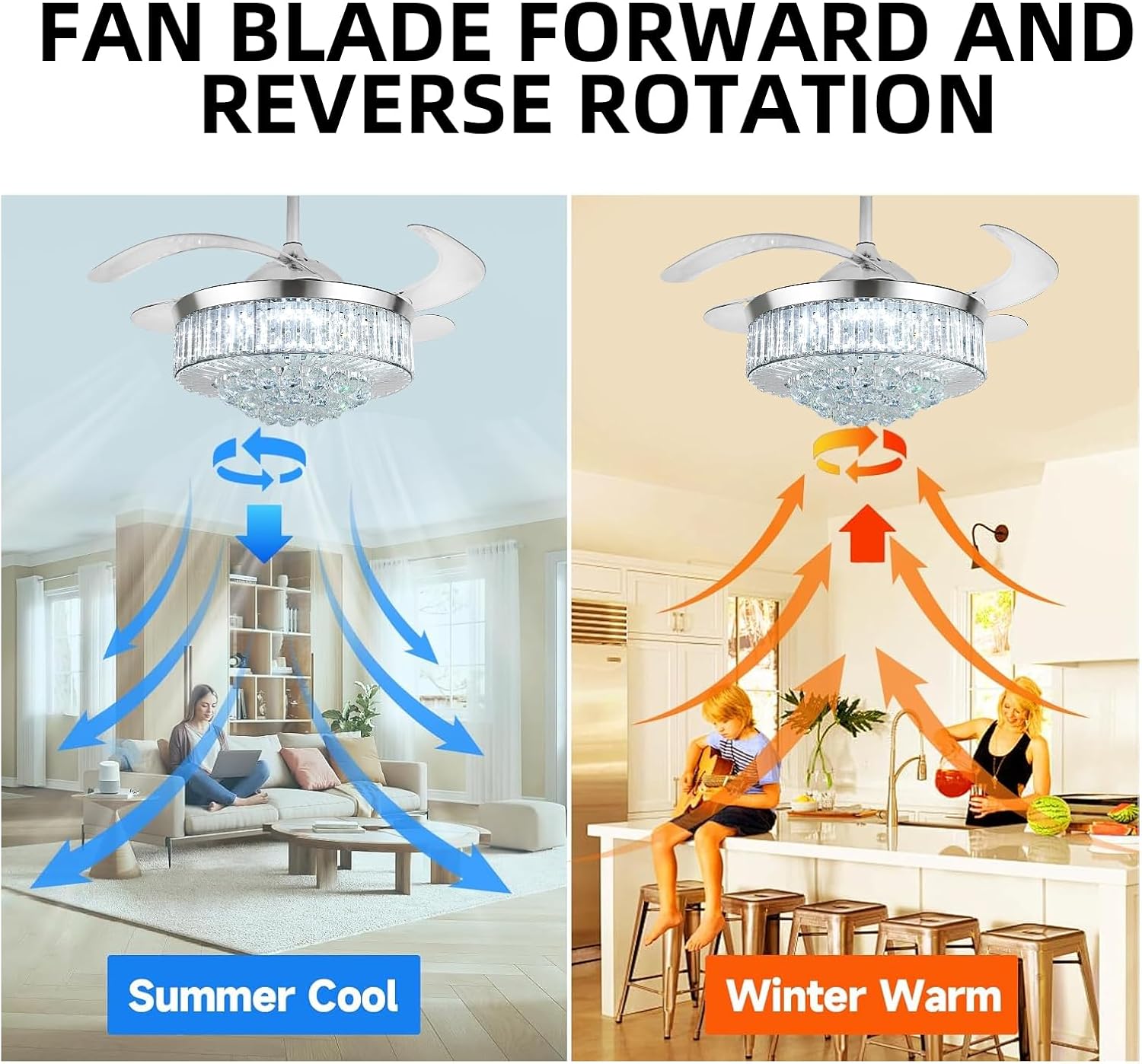 42' Smart Retractable Crystal Ceiling Fan with Light: Alexa/Google Home & Remote, Bluetooth Speaker, Dimmable RGB Light, 6-Speed Reversible Fandelier Chandelier Fan for Bedroom,Dining/Living Room