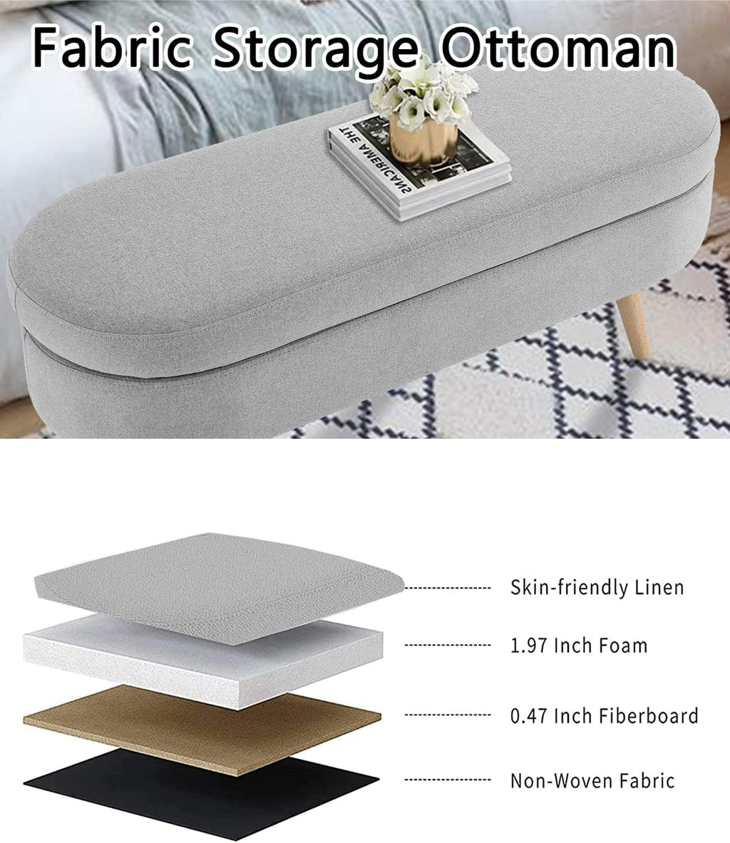 ECLYL Oval Storage Bench 43.5' Linen Fabric Upholstered Entryway Bench with Solid Wood Legs Ottoman Bench Indoor Bench for Living Room/Bedroom/End of Bed/Entryway (Grey)