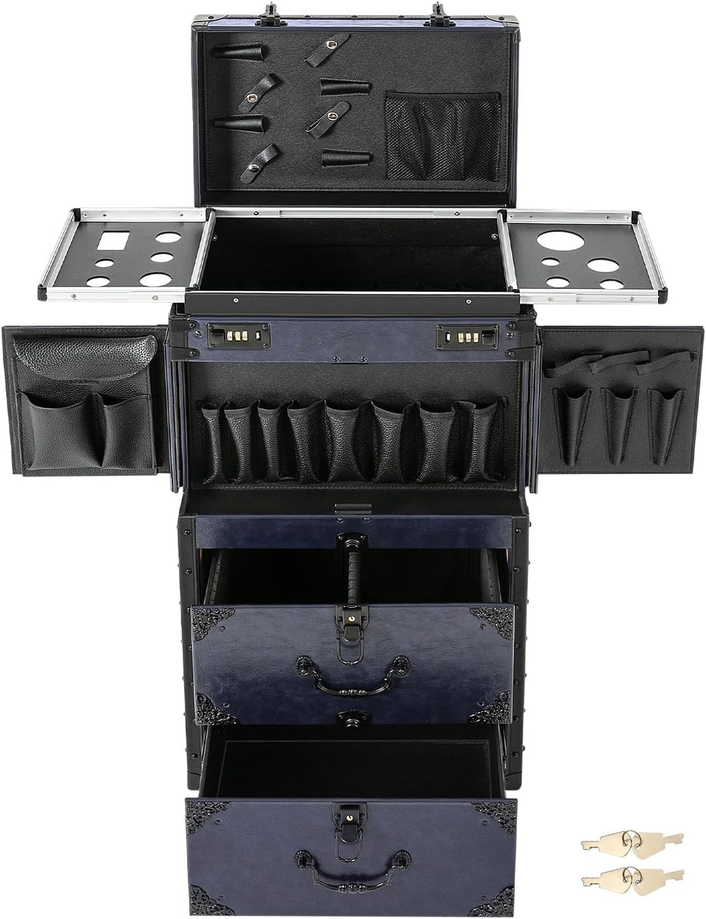 Rolling Makeup Case Large Storage Cosmetic Trolley, Professional Makeup Train Case with Wheels & Locks, Mobile Vanity Organizer for Hairstylists, Artists, Travel