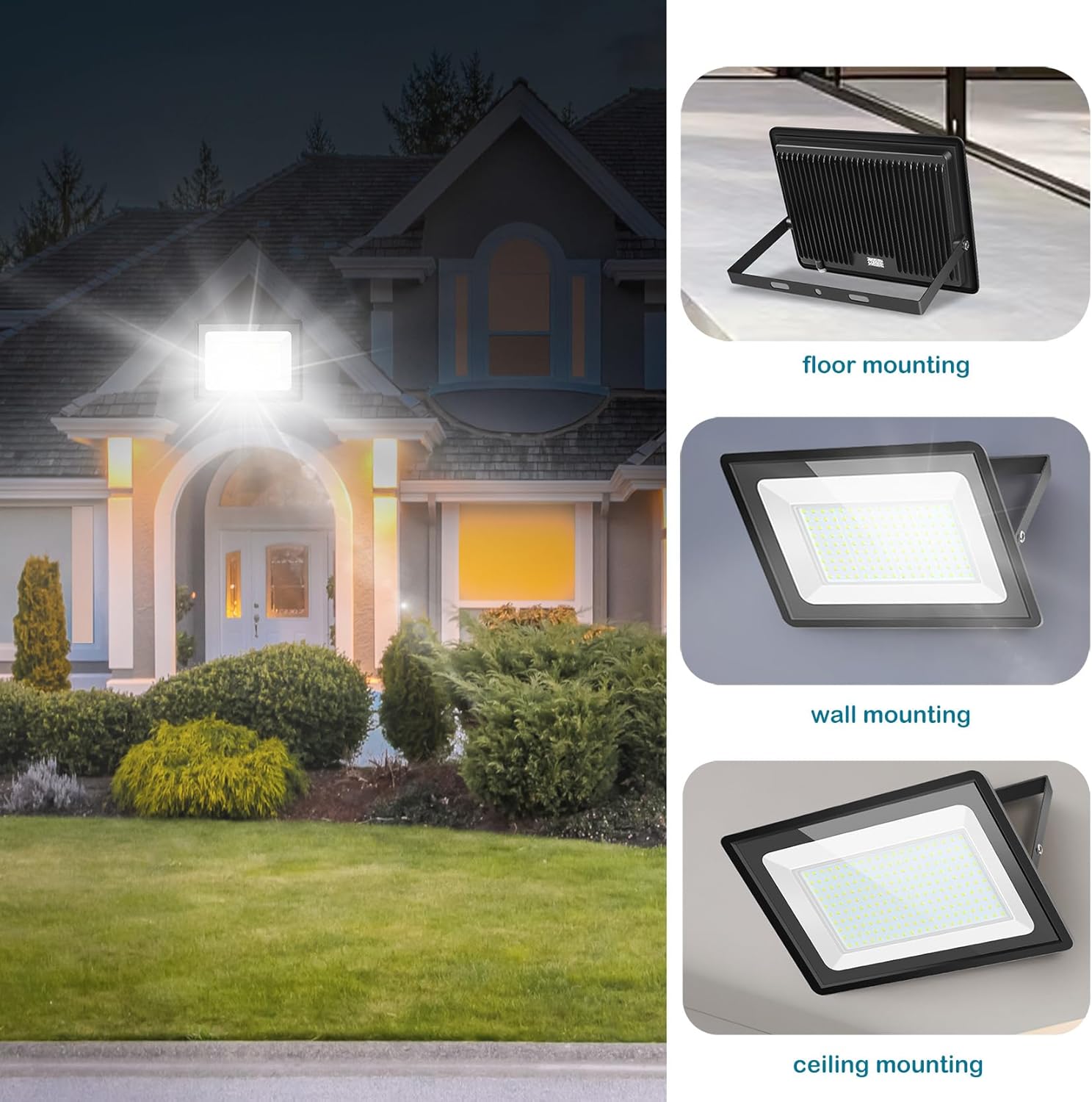 3 Pack 300W LED Flood Light Outdoor, IP66 Waterproof with Plug, 6000K Daylight White Security Lights Outside Lamp, Exterior Floodlights Lighting for Yard Garden Patio House Parking Lot