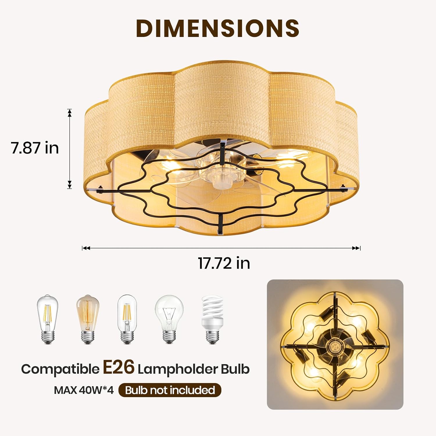 Boho Caged Ceiling Fans with Lights Flush Mount, Rattan Fandelier Chandelier Ceiling Fan with Light with Remote and 6-Speed Motor for Bedroom, Nursery, Living Room