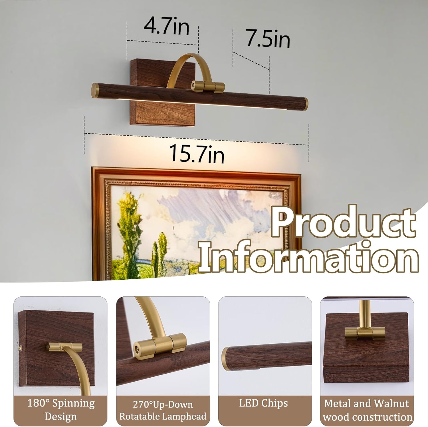 2 Pack Brass & Wood Wall Mount LED Picture Light, Hard Wired Dimmable Swing Arm Art Gallery Lamp 2700K Warm White Home Art Painting Decor Light