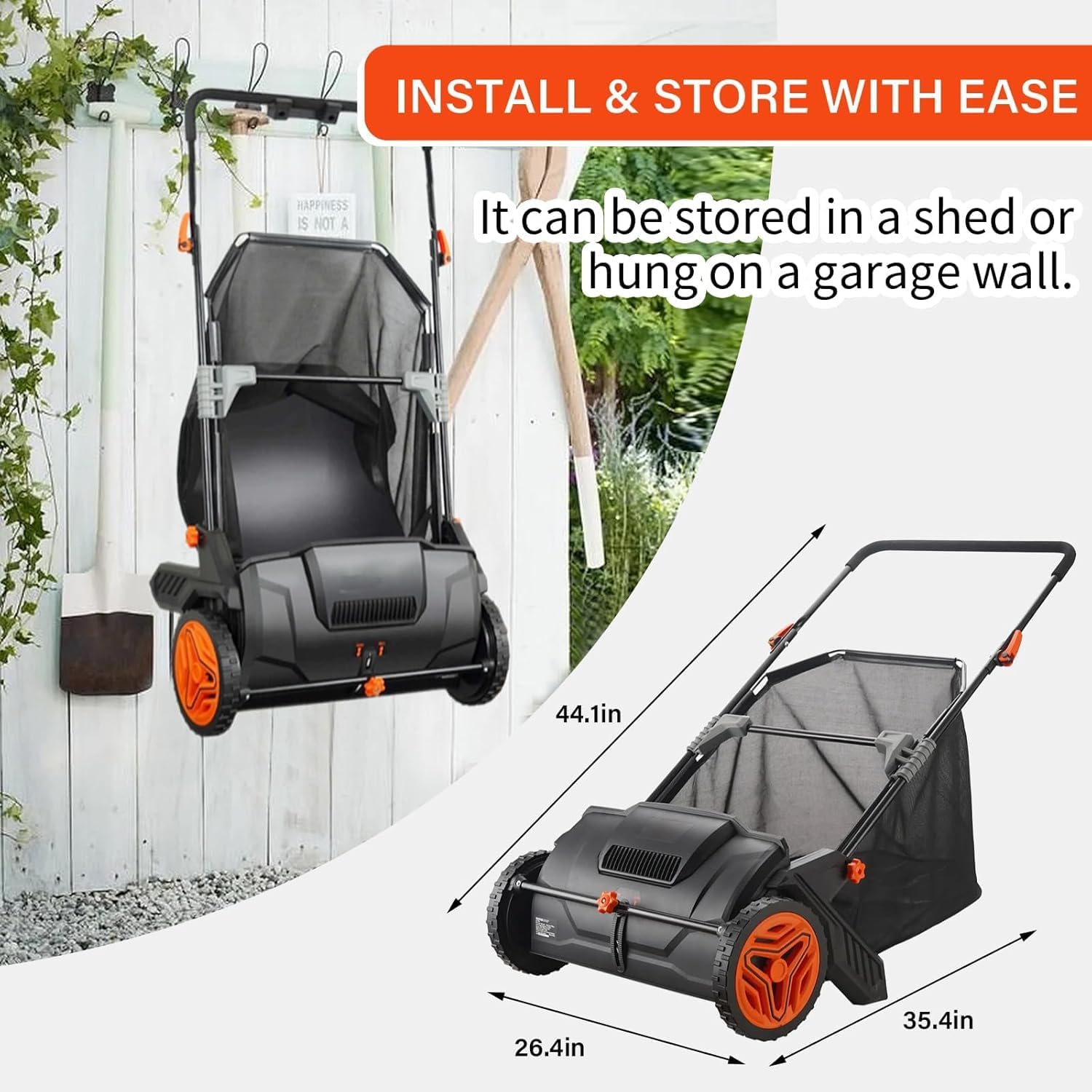 Push Lawn Sweeper, Leaf & Grass Collector with Strong Rubber Wheels & Heavy Duty Thickened Steel Durable to Use with 3.5 cu. ft. Large Mesh Collection Hopper Bag, 2 Spinning Brushes