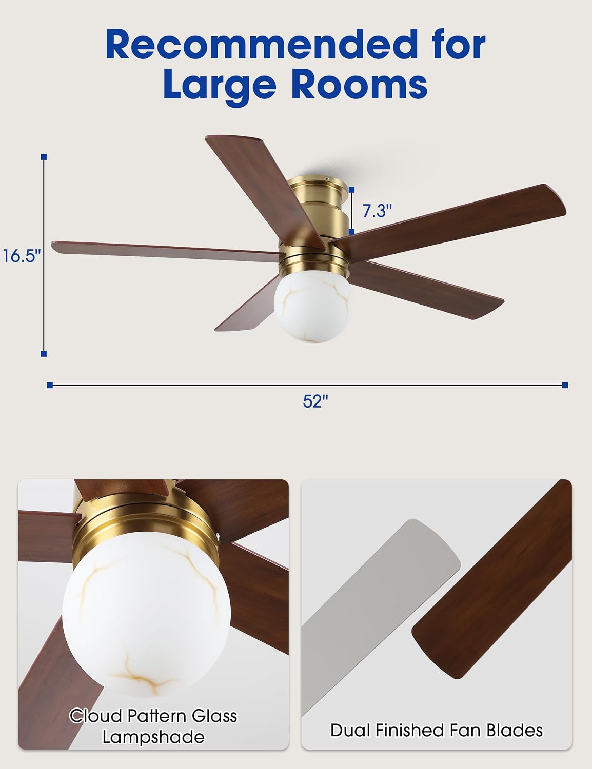 Gold Ceiling Fans with Lights and Remote, 52 Inch Low Profile Ceiling Fan with Light for Bedroom, Flush Mount Ceiling Fan for Living Room Indoor Outdoor, 6-Speed Reversible DC Motor, Dimmable LED 3CCT