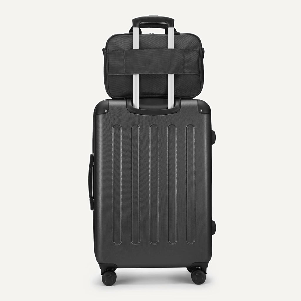 Amazon Basics 4-Piece Luggage Set, Hardside Suitcases with Spinner Wheels (22' Carry On & 28' Checked), Tote Bag & Travel Bag, Black